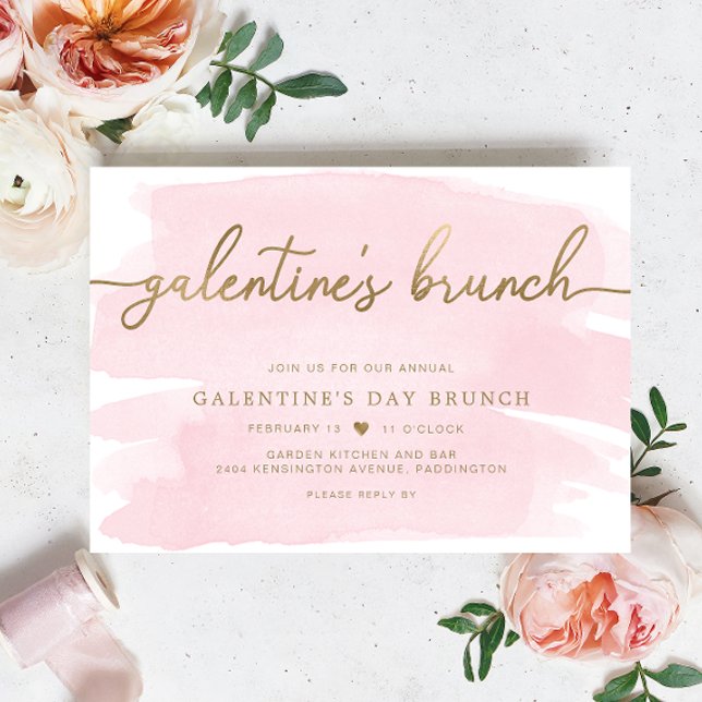 Rosa Watercolor Galentine's Day Brunch Investigati Inbjudningar (Galentines Brunch Invitation Pink Watercolour Gold )