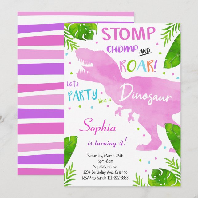 Rosa Watercolor Girls Dinosaur Birthday-inbjudan Inbjudningar (Fram/baksida)