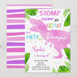 Rosa Watercolor Girls Dinosaur Birthday-inbjudan Inbjudningar