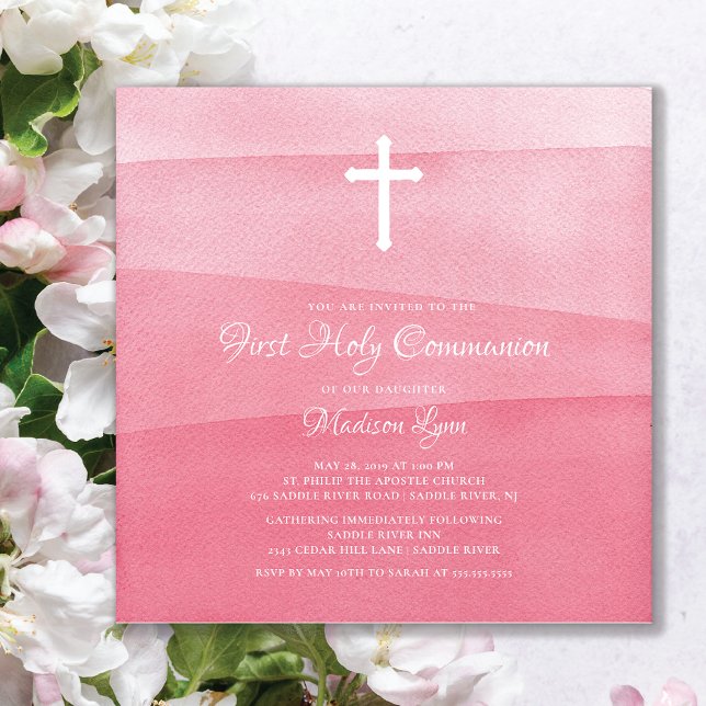 Rosa Watercolor Girls First Heliga Communion Inbjudningar (Skapare uppladdad)
