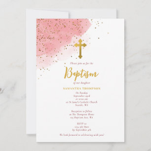 Rosa Watercolor Glitter Guld Kor Baptism Girl Inbjudningar
