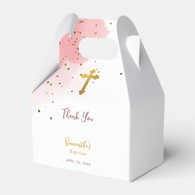 Rosa Watercolor Glitter Guld Kor Baptism Girl Presentaskar (Framsidan Sidan)