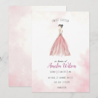 Rosa Watercolor & Glitter Sweet 16 Födelsedagsfest Inbjudningar