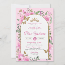 Rosa Watercolor Golden Butterfly Quinceanera Inbjudningar