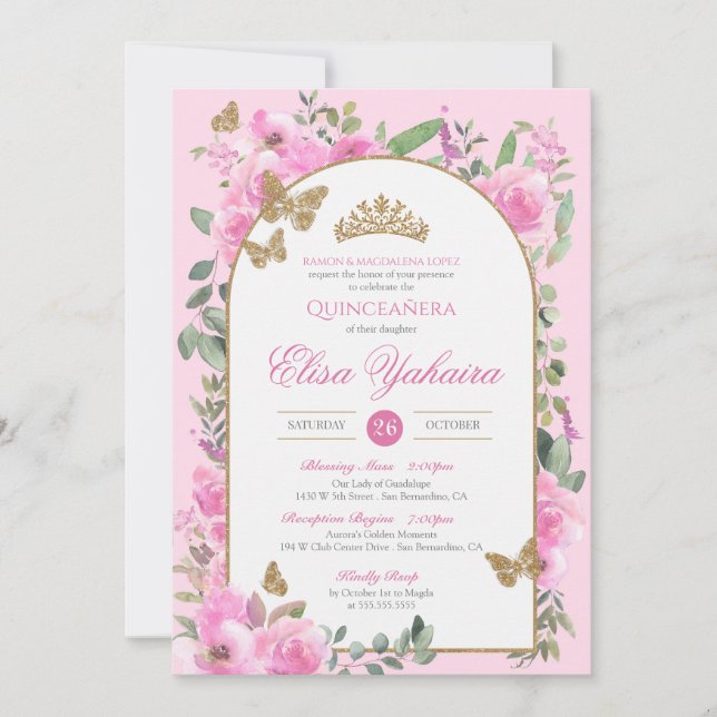 Rosa Watercolor Golden Butterfly Quinceanera Inbjudningar (Framsida)
