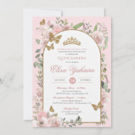 Rosa Watercolor Golden Butterfly Quinceanera Inbjudningar
