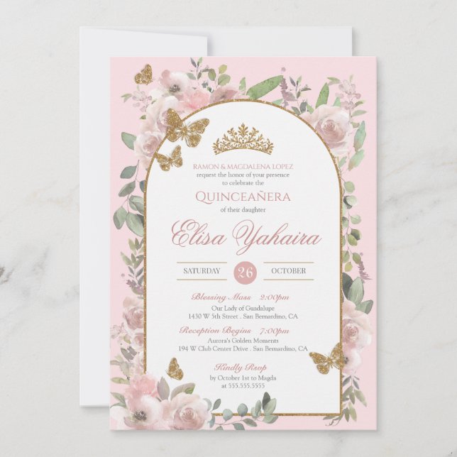 Rosa Watercolor Golden Butterfly Quinceanera Inbjudningar (Framsida)