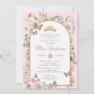 Rosa Watercolor Golden Butterfly Quinceanera Inbjudningar