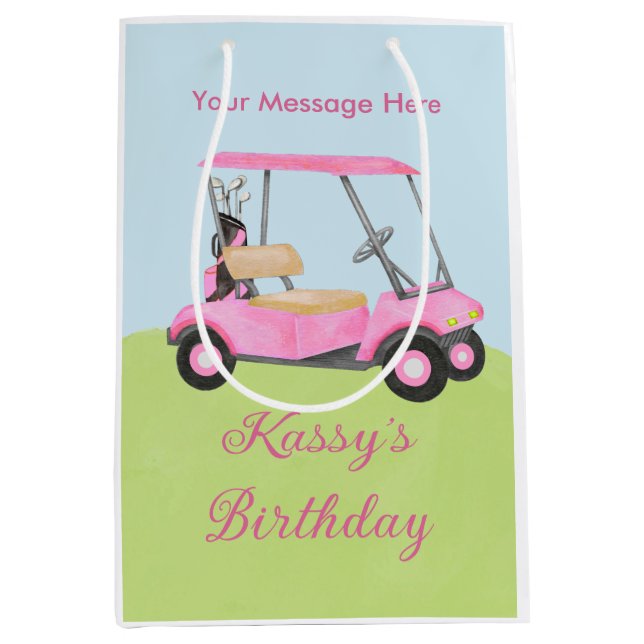 Rosa Watercolor Golf Cart Namn-meddelande (Framsidan)