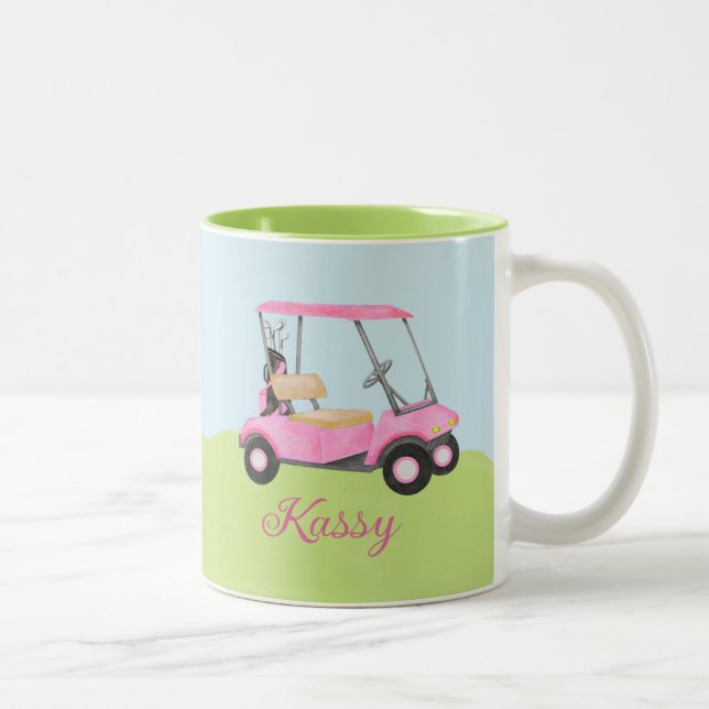 Rosa Watercolor Golf Cart Namn Två-Tonad Mugg (Höger)