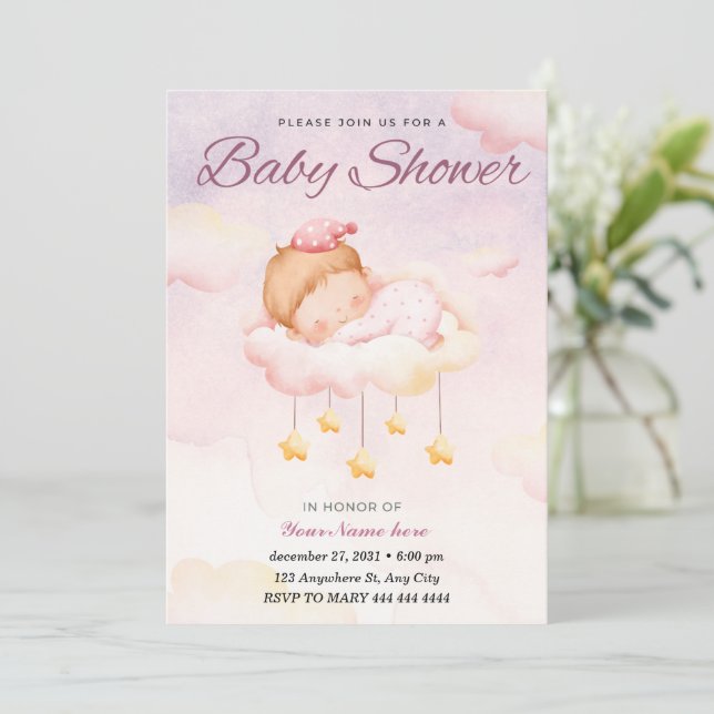 Rosa Watercolor Gradient Cute Girl Baby Shower Inbjudningar (Stående Fram)
