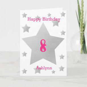 Rosa Watercolor Grått Stars 8th Birday Card Kort
