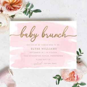 Rosa Watercolor Guld Baby Brunch-inbjudan Inbjudningar