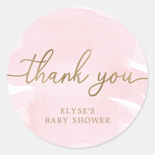 Rosa Watercolor Guld Baby Shower Favoritmärke för Runt Klistermärke