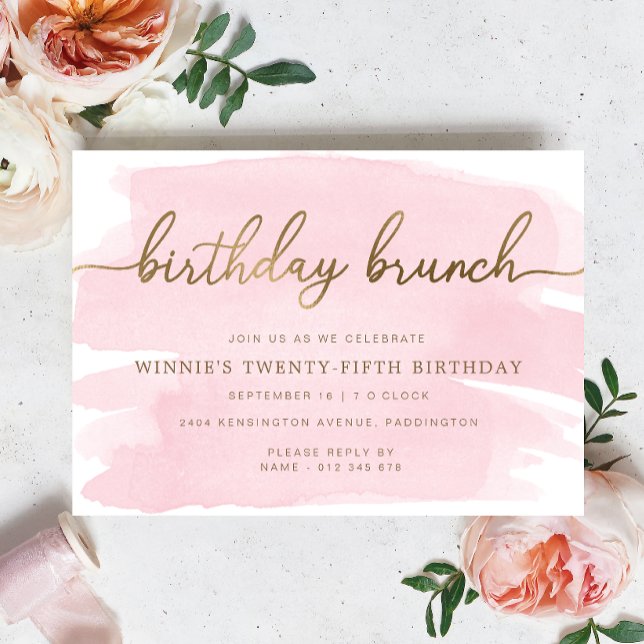 Rosa Watercolor Guld Birthday Brunch-inbjudan Inbjudningar (Birthday Brunch Invitation prink Watercolour Gold )