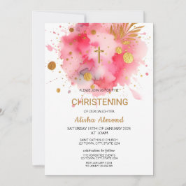 Rosa Watercolor Guld CHRISTENING Inbjudningar