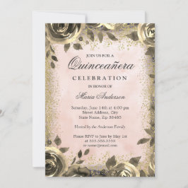 Rosa Watercolor Guld Glitter Blommigt Quinceanera Inbjudningar