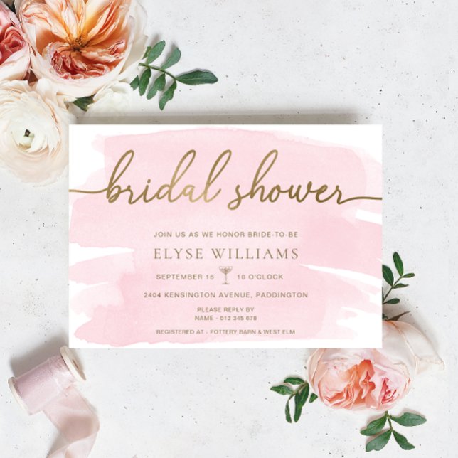 Rosa Watercolor Guld Inbjudningskort för möhippan (Bridal Shower Invitation Pink Watercolour Gold )