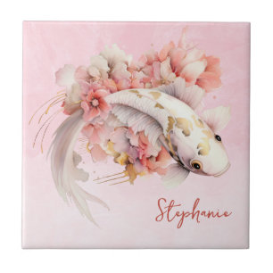 Rosa Watercolor Guld Koi Fish Blommigt Personlig Kakelplatta