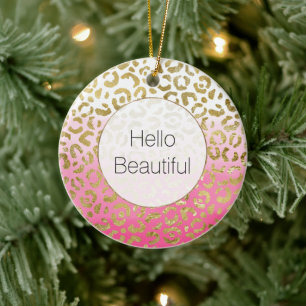 Rosa Watercolor Guld Leopard Julgransprydnad Keramik