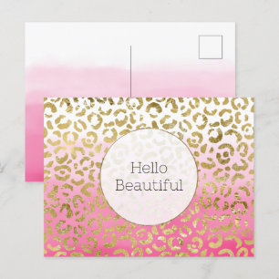 Rosa Watercolor Guld Leopard Vykort