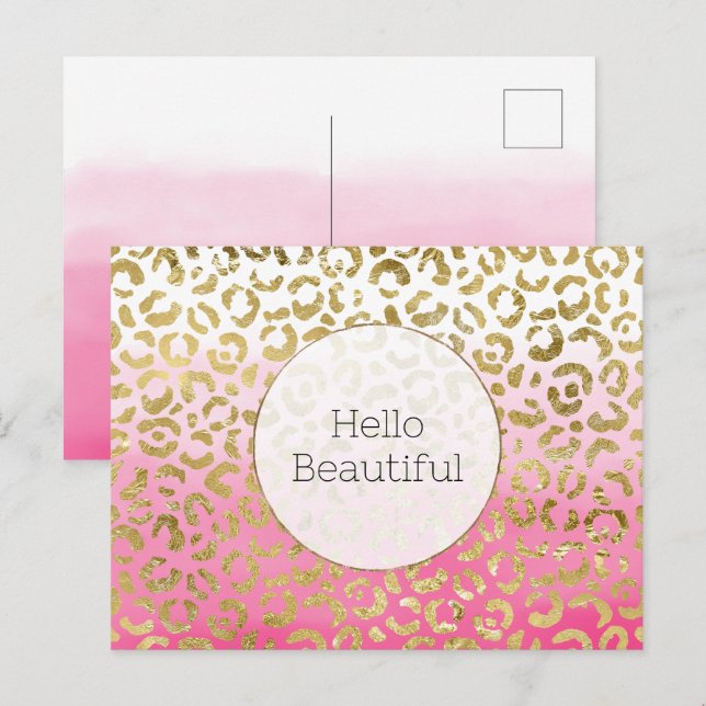 Rosa Watercolor Guld Leopard Vykort (Fram/baksida)