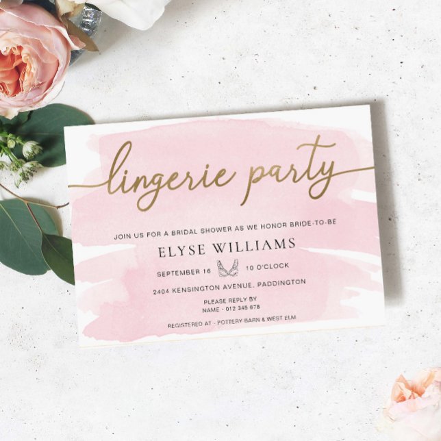Rosa Watercolor Guld Lingerie Party Möhippa Inbjudningar (Lingerie Party Bridal Shower Invitation Pink Watercolour Gold )