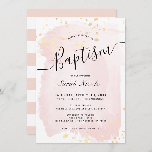  Rosa Watercolor Guld Splatters Girl Baptism Inbjudningar (Fram/baksida)
