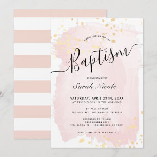  Rosa Watercolor Guld Splatters Girl Baptism Inbjudningar