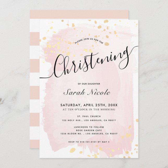 Rosa Watercolor Guld Splatters Girl Christening Inbjudningar (Fram/baksida)