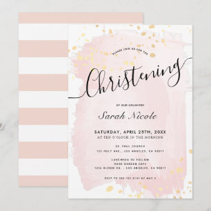 Rosa Watercolor Guld Splatters Girl Christening Inbjudningar