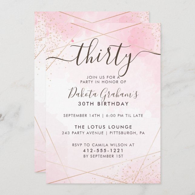  Rosa Watercolor Guld Trettio Födelsedagsfest Inbjudningar (Fram/baksida)