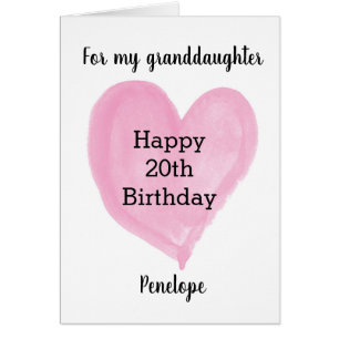 Rosa Watercolor Heart 20:e födelsedagen Hälsningskort