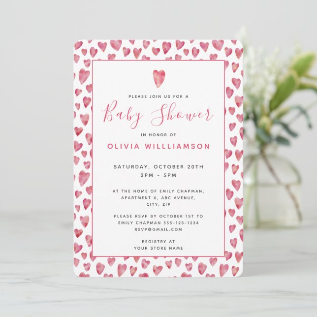 Rosa Watercolor Heart Baby Shower Inbjudningar (Stående Fram)