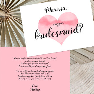 Rosa Watercolor Heart be my Bridesmaid Dikt Inbjudningar