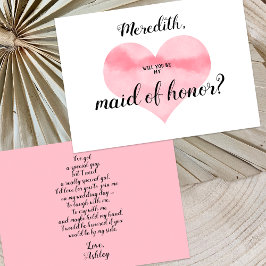 Rosa Watercolor Heart be my Maid of honor Dikt Inbjudningar