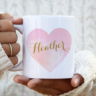 Rosa Watercolor Heart Girly Script Teckensnitt Gul Två-Tonad Mugg