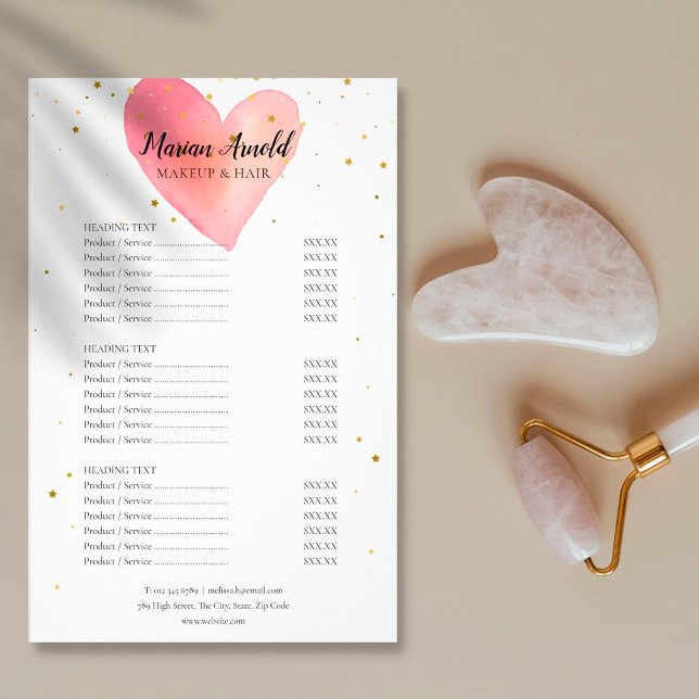 Rosa Watercolor Heart Salon Service Menu Flygblad (Skapare uppladdad)