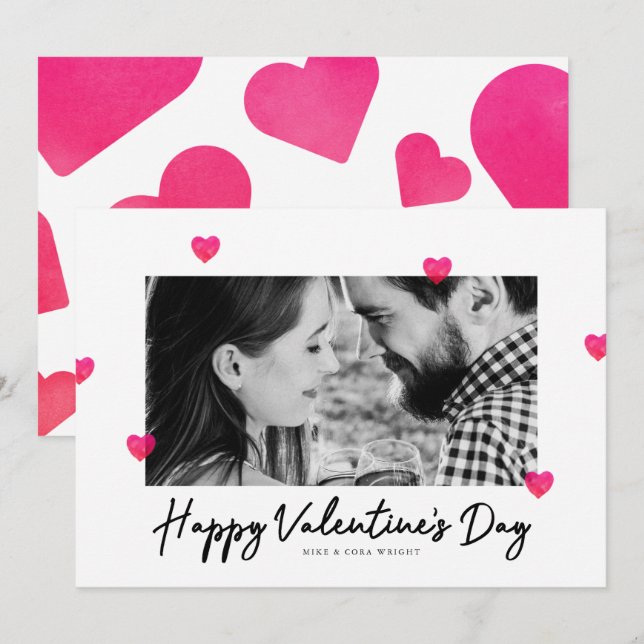 Rosa Watercolor Hearts Valentine Day Photo Card (Fram/baksida)