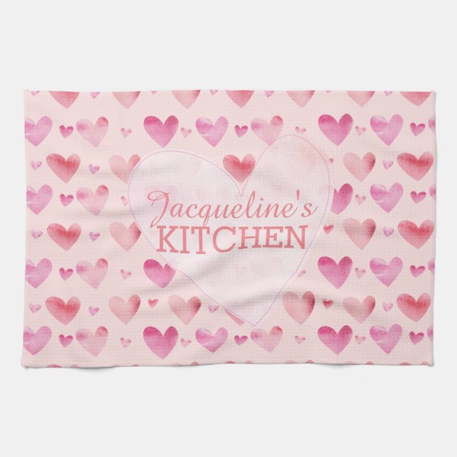 Rosa Watercolor Hearts Valentiness Kitchen Kökshandduk (Horisontell)