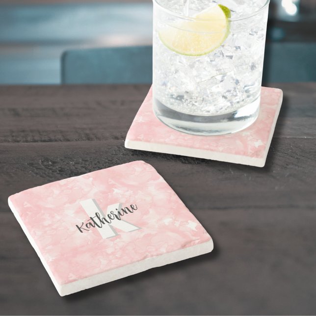Rosa Watercolor Initial Monogram Stenunderlägg (Pink Watercolor Initial Monogram Stone Coaster)