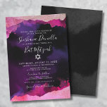 Rosa Watercolor Jewish Bat mitzvah Inbjudningar<br><div class="desc">Den här elegantens Bat mitzvah inbjudan har en svart bakgrund med faux rosa och lila vattenfärg eller alkohol bläck som ramar uppåt och grund. En blandning av skuggor av rosa från ljus rosa till shock rosa. I designen visas en blandning av skripttypografi och klassisk serif typsnitt, som skapar ett enkelt...</div>