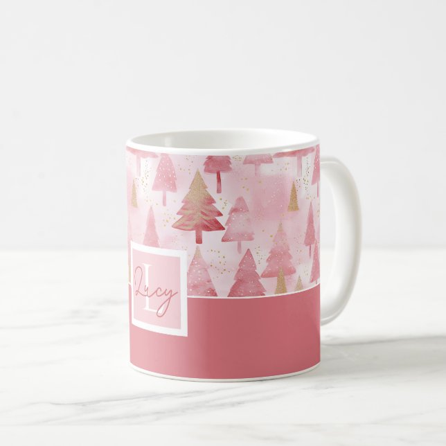 Rosa Watercolor Julgran Mönster Kaffemugg (Framsida höger)