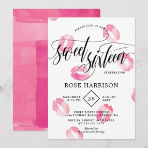 Rosa Watercolor Kisses Sweet sixteen Inbjudningar