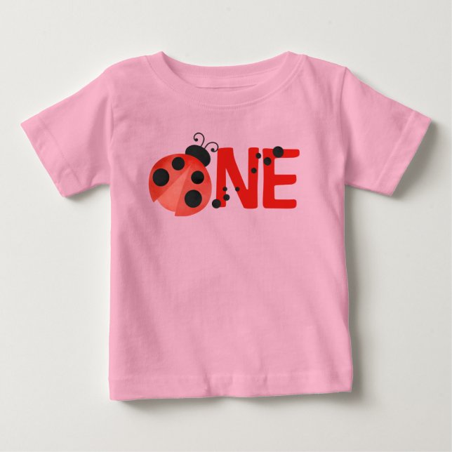Rosa Watercolor Ladybug ONE 1st Birthday T-Shirt (Framsida)