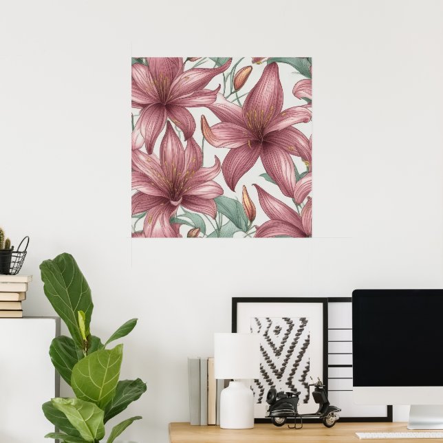 Rosa Watercolor Lily Flowers Poster (Hemmakontoret)