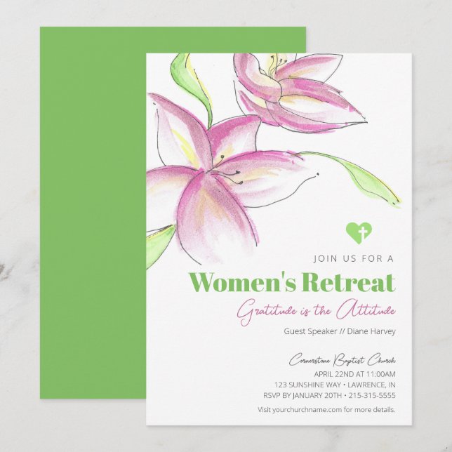 Rosa Watercolor Lily Women's Church Retreat Inbjudningar (Fram/baksida)