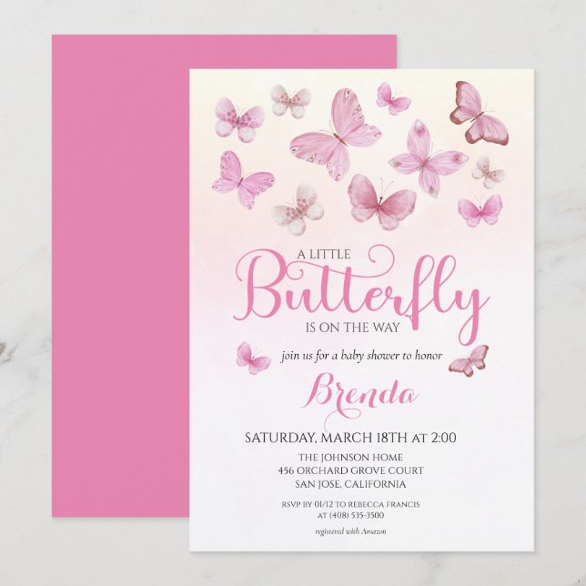 Rosa Watercolor Little Butterfly Girl Baby Shower Inbjudningar (Fram/baksida)