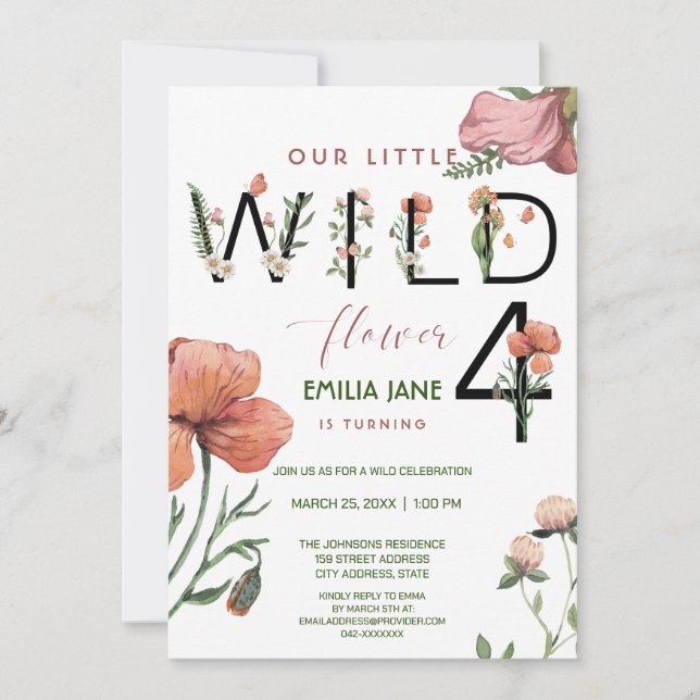 Rosa Watercolor Little Poppies 4e födelsedagen Inbjudningar (Framsida)