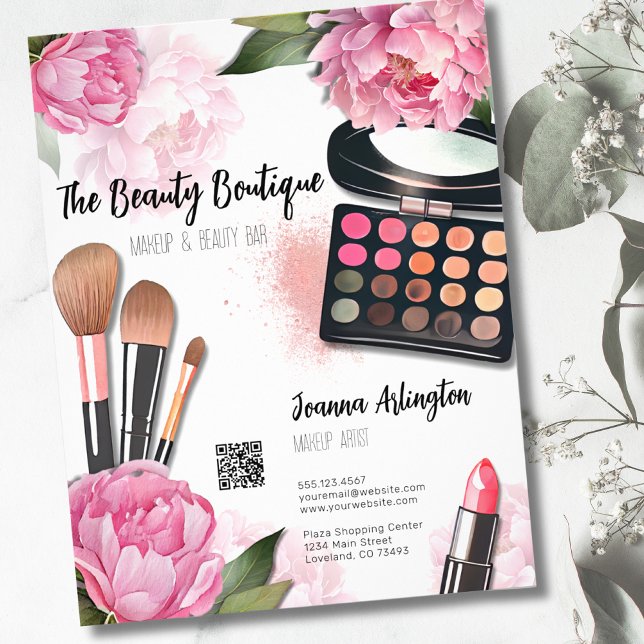 Rosa Watercolor Makeup Artist Reklamblad (Pink Floral Watercolor Makeup Artist Flyer)
